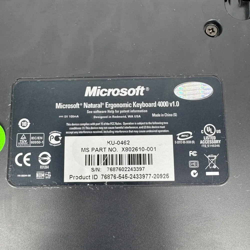 Microsoft Natural Ergonomic Keyboard 4000 v1.0 Model KU-0462 USB Tested